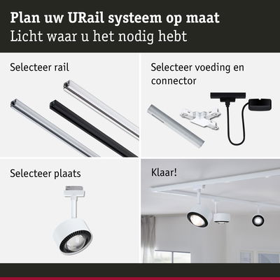 Modulair URail railsysteem met keuze uit rails, connectoren en witte en zwarte spots