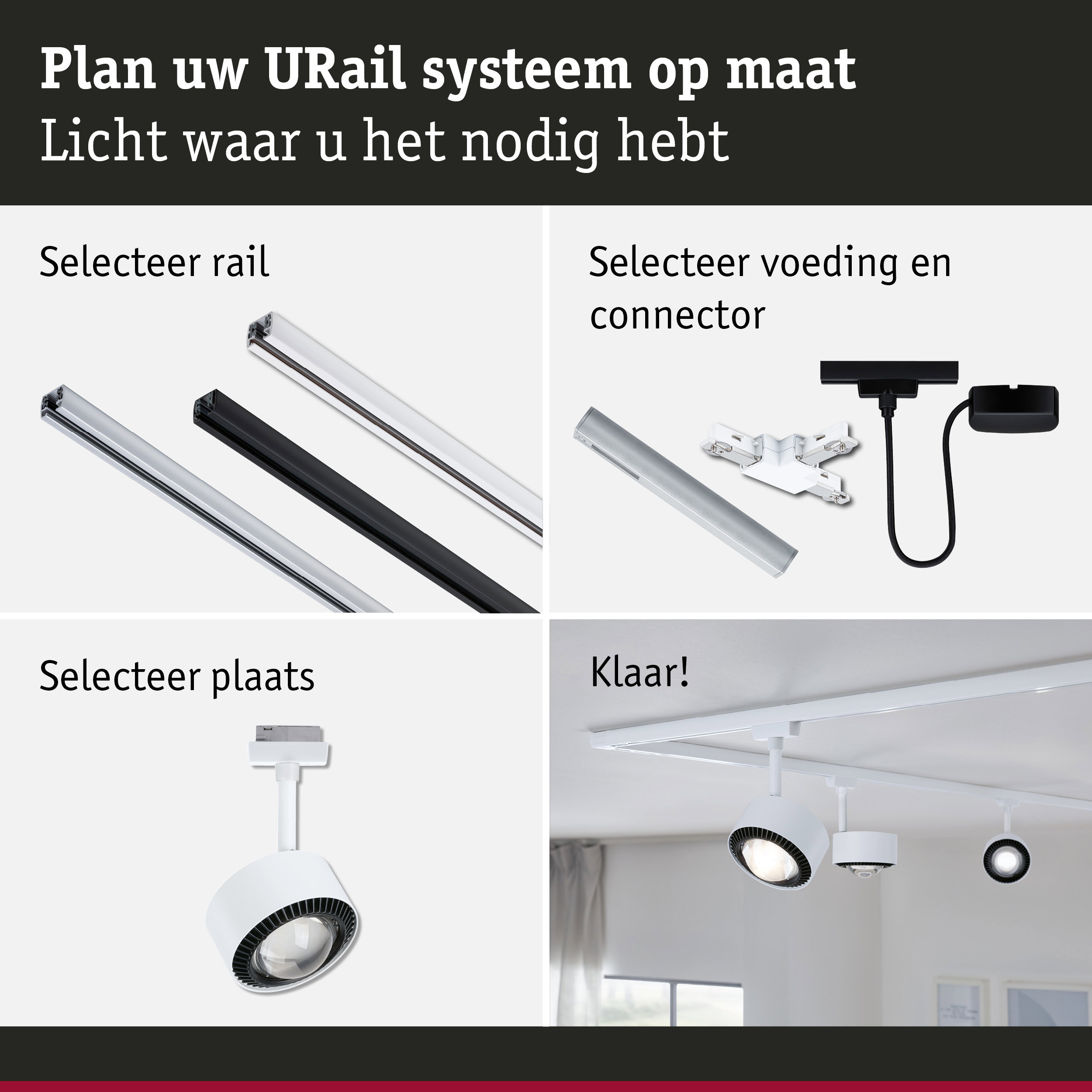 Modulair URail railsysteem met witte en zwarte rails en connectoren voor LED-verlichting