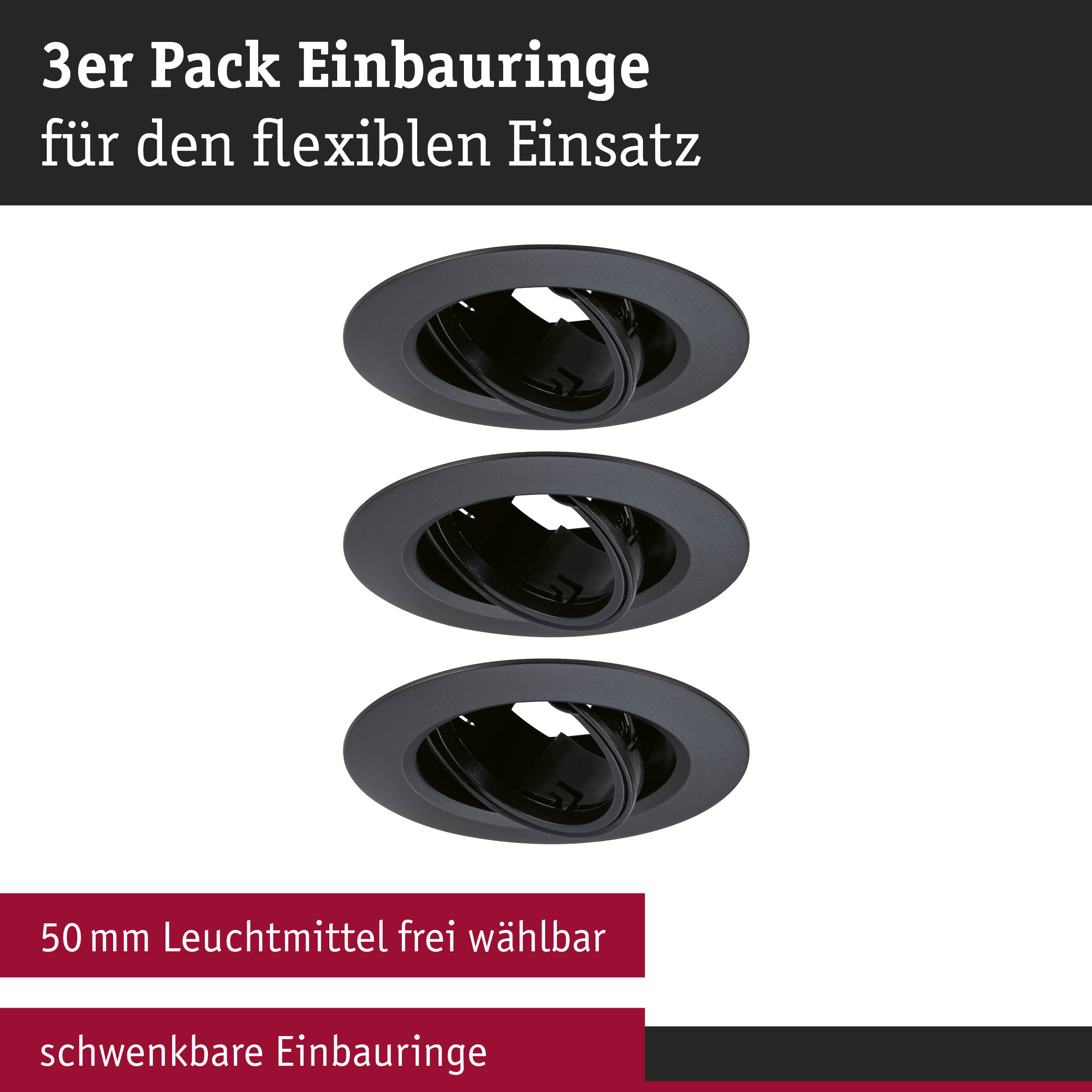 Drei schwarze schwenkbare Einbauringe aus Metall für flexible LED-Einbaustrahler.