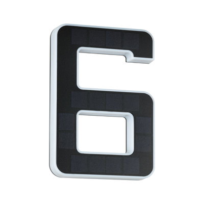 Number 6 with black solar panels and white plastic frame for outdoor lighting and house numbers