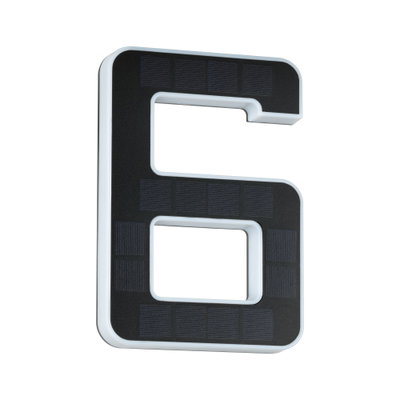 Number 6 with black solar panels and white plastic frame for outdoor lighting and house numbers