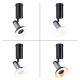 Four views of a black and silver LED ceiling spotlight with adjustable head and warm white light