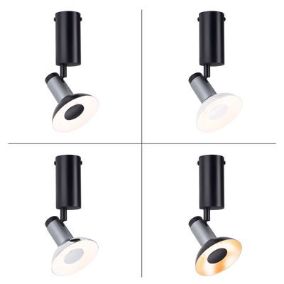 Four views of a black and silver LED ceiling spotlight with adjustable head and warm white light