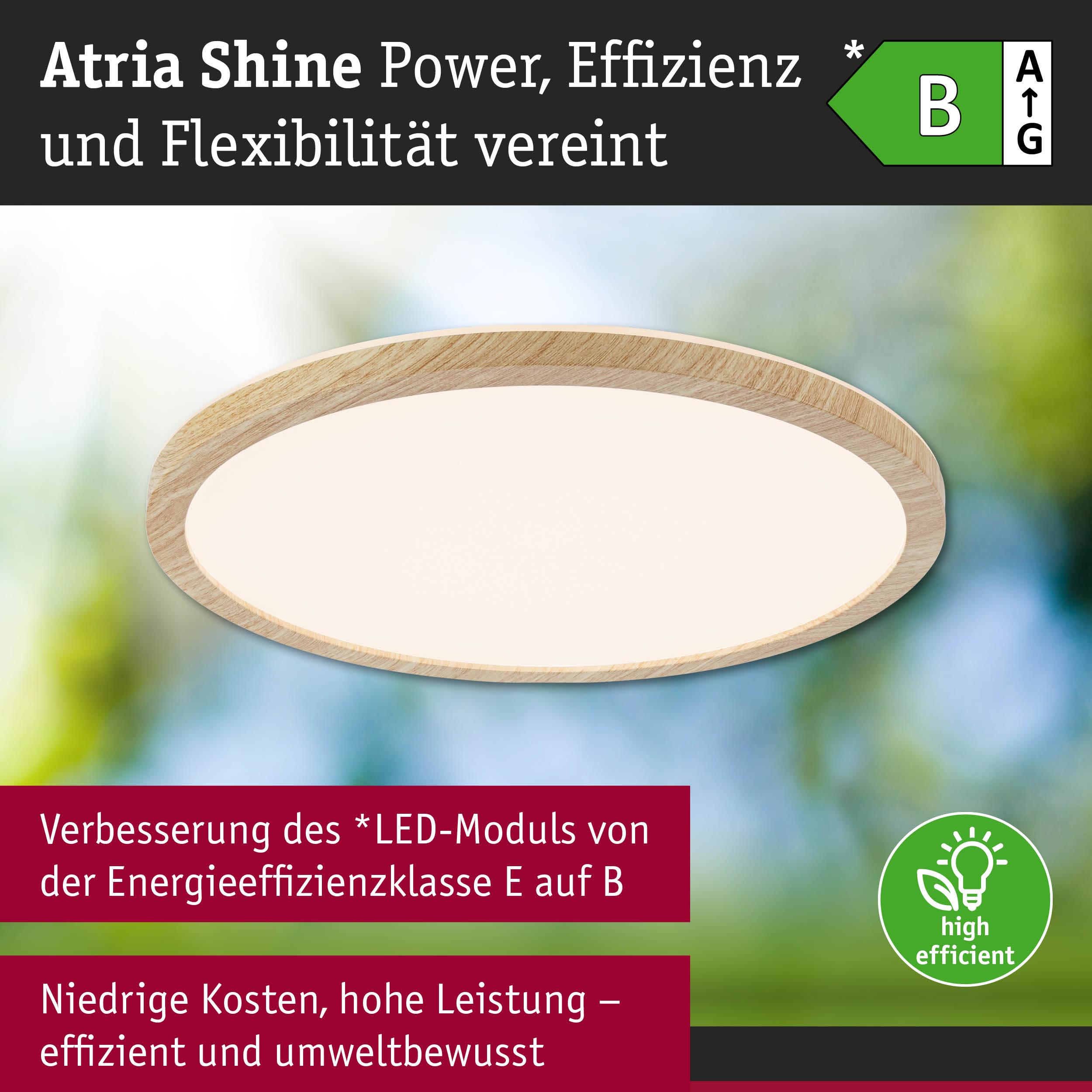 Runde Atria Shine LED-Deckenleuchte mit Holzrahmen in Naturfarbe, energieeffizient und flexibel