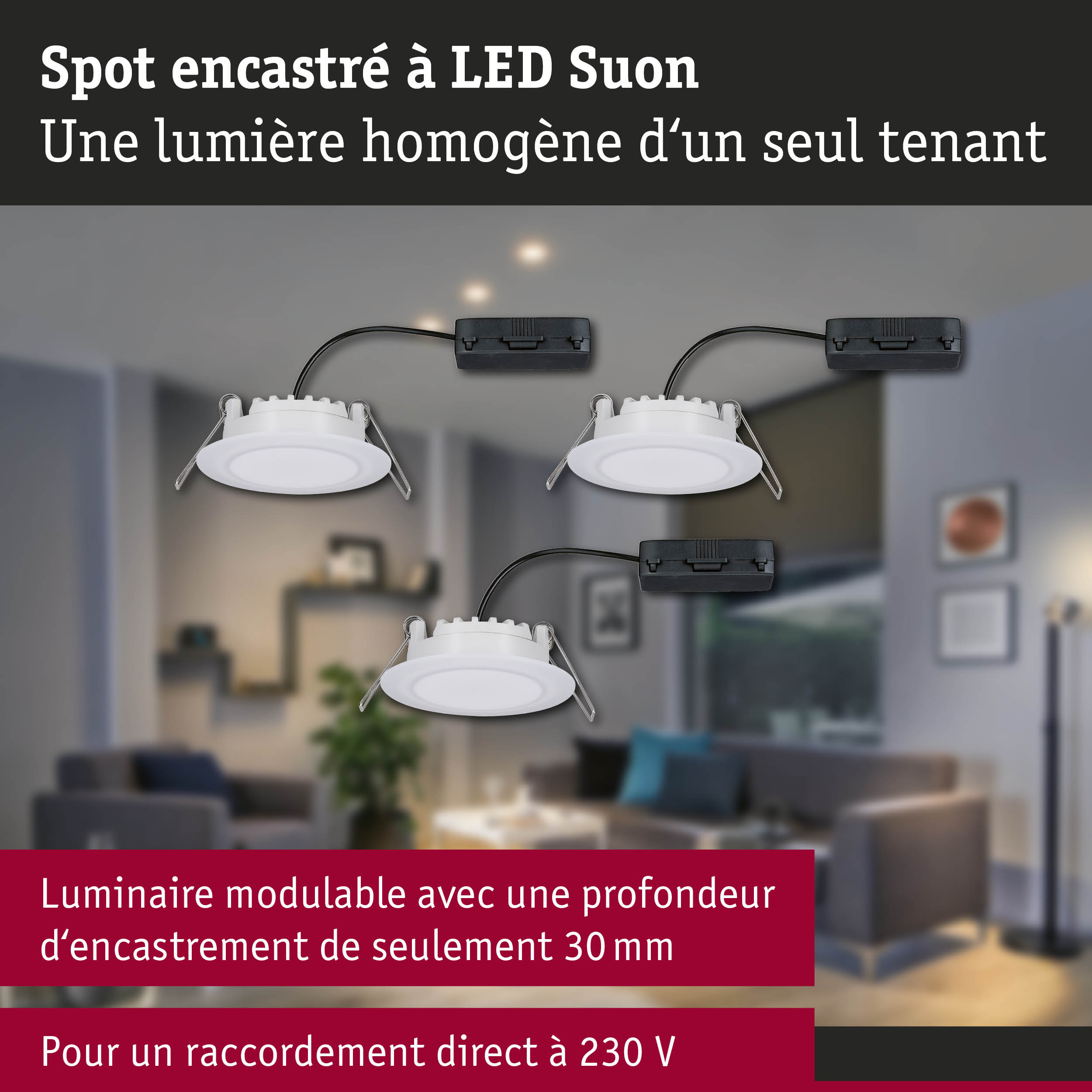 Spot LED encastré blanc avec câble noir, éclairage de plafond économique en énergie