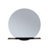 Round wall mirror with LED lighting and black shelf, modern bathroom accessory