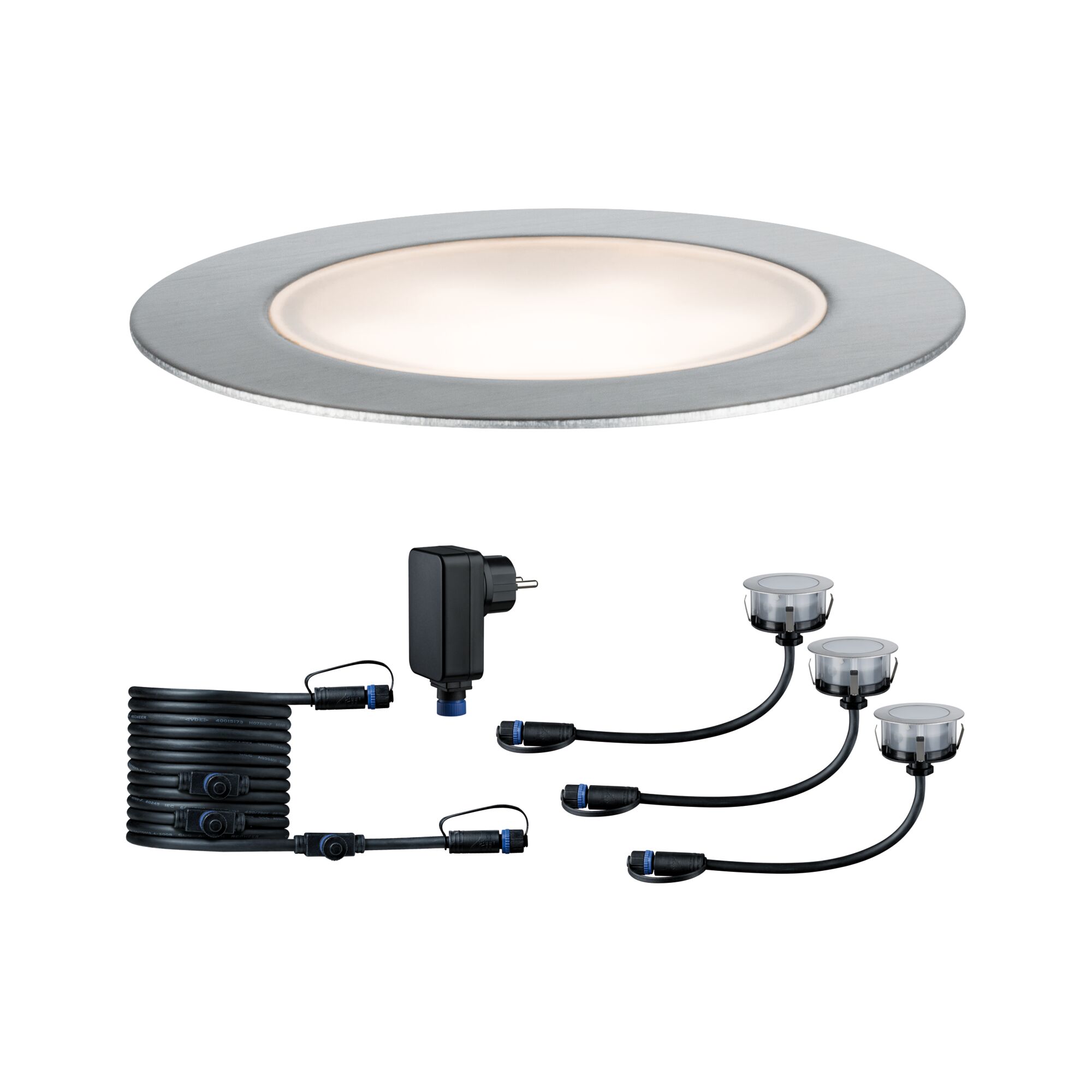 Plug & Shine LED-grondinbouwlamp Floor Eco Basisset IP67 3000K 3x2W 21VA Zilver Ronde LED inbouwverlichtingsset van geborsteld aluminium met kabels en voeding voor binnenverlichting