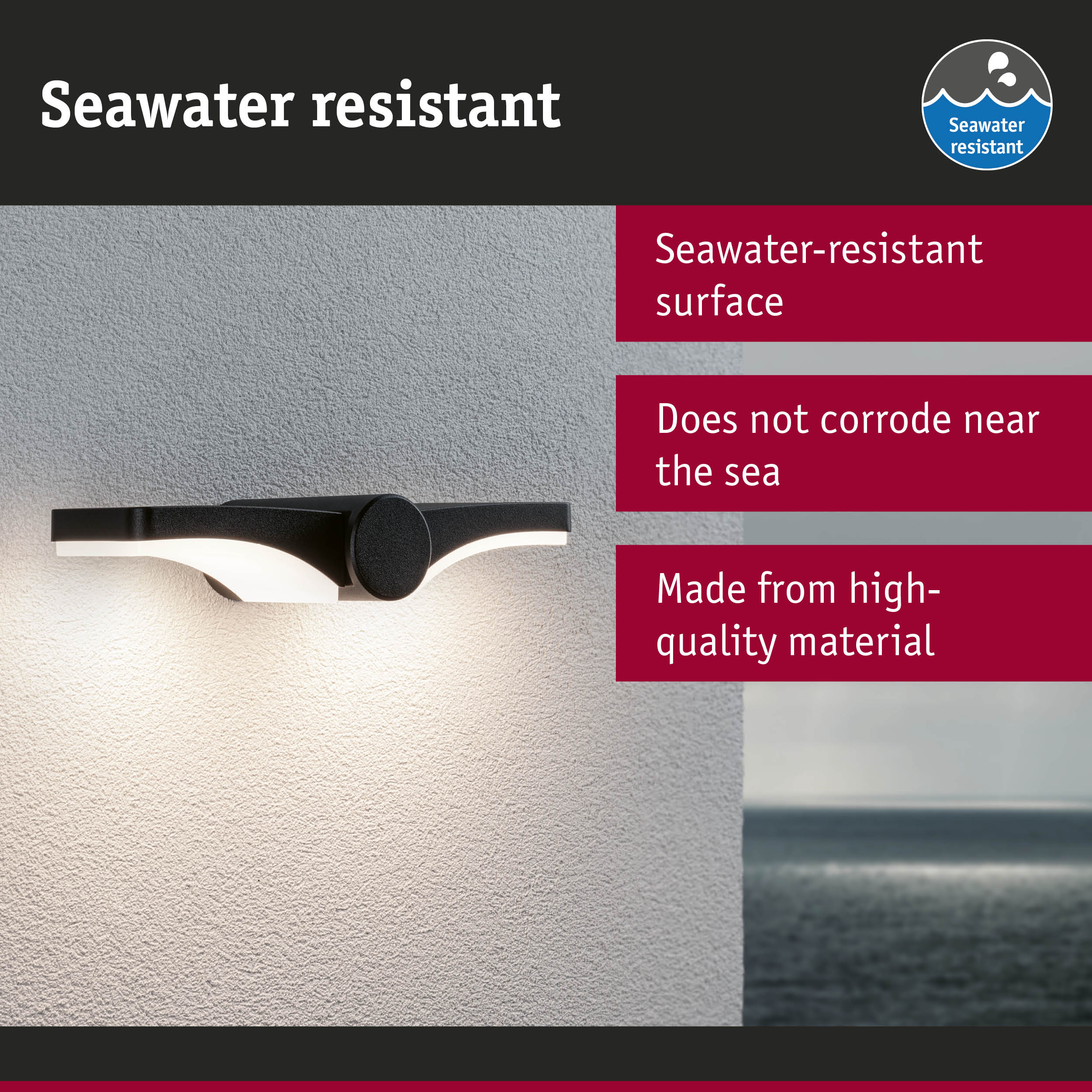 Black outdoor wall light with seawater-resistant surface and durable material for coastal use