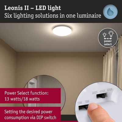 Leonis II LED ceiling light with Power Select for 13 or 18 watts, energy-efficient lighting solution.