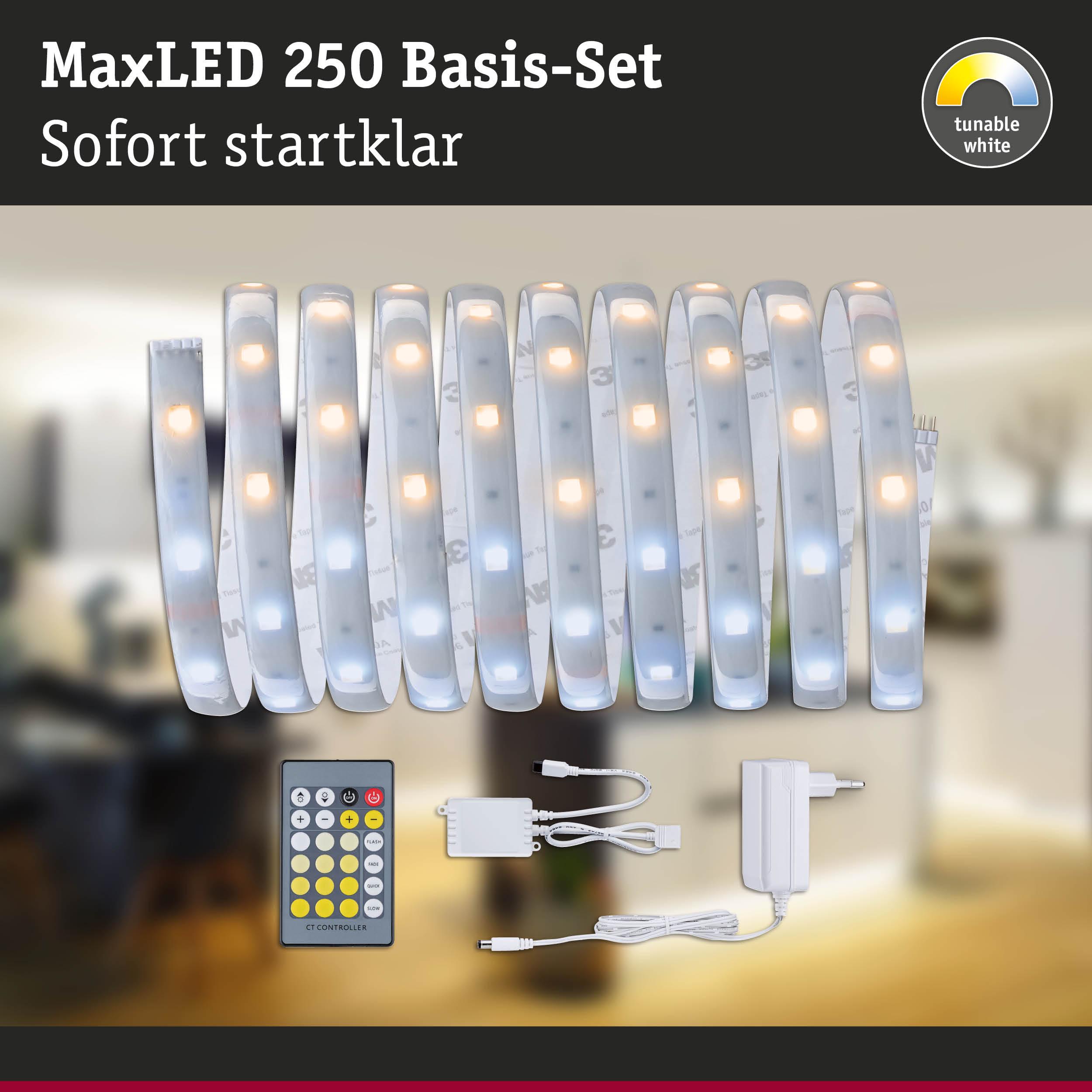 MaxLED 250 LED-Basis-Set mit dimmbaren weißen Lichtstreifen, Fernbedienung und Netzteil für Wohnraumbeleuchtung