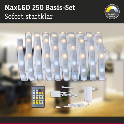 MaxLED 250 LED-Basis-Set mit dimmbaren weißen Lichtstreifen, Fernbedienung und Netzteil für Wohnraumbeleuchtung