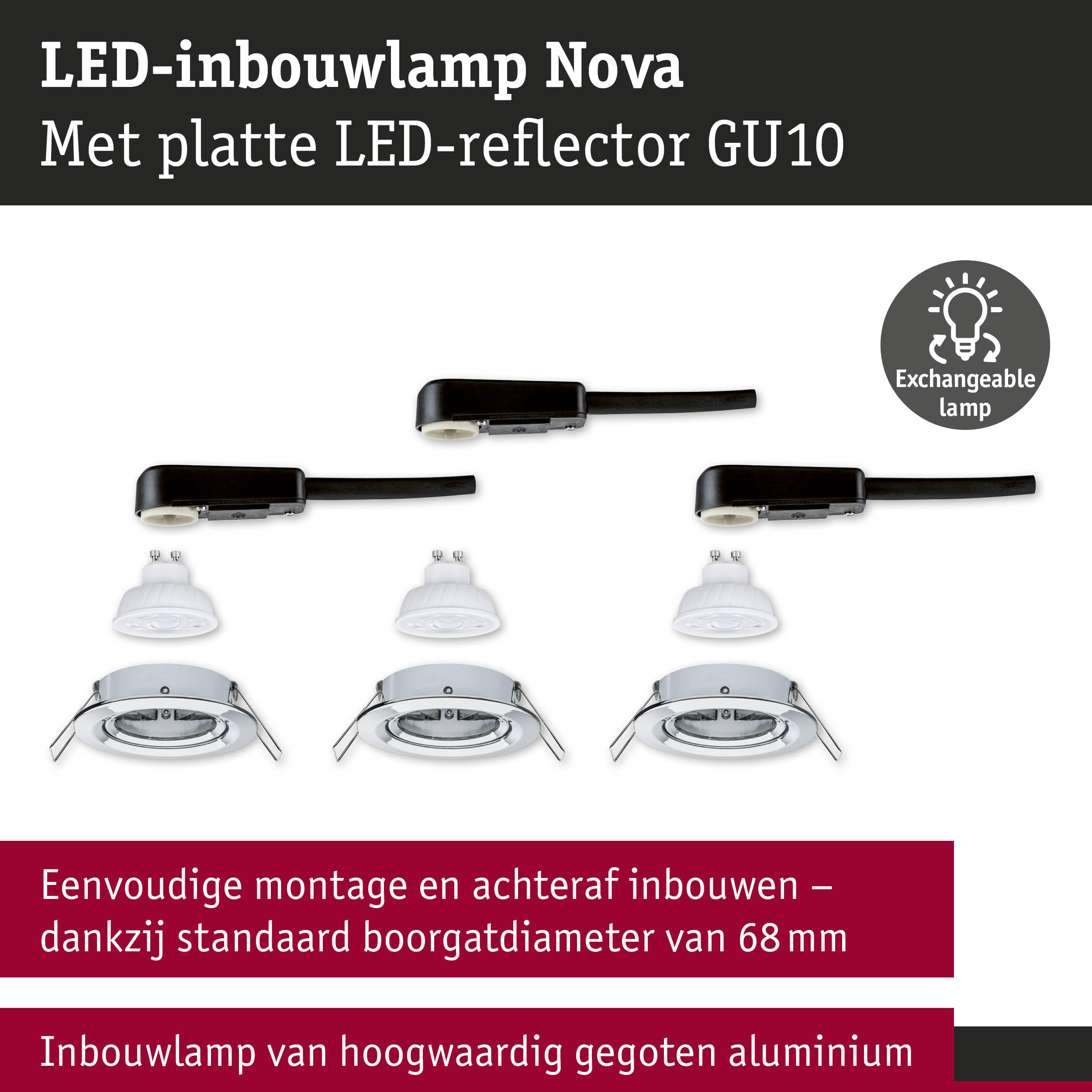 LED-inbouwlamp Nova met platte LED-reflector GU10 en verwisselbare lamp van aluminium