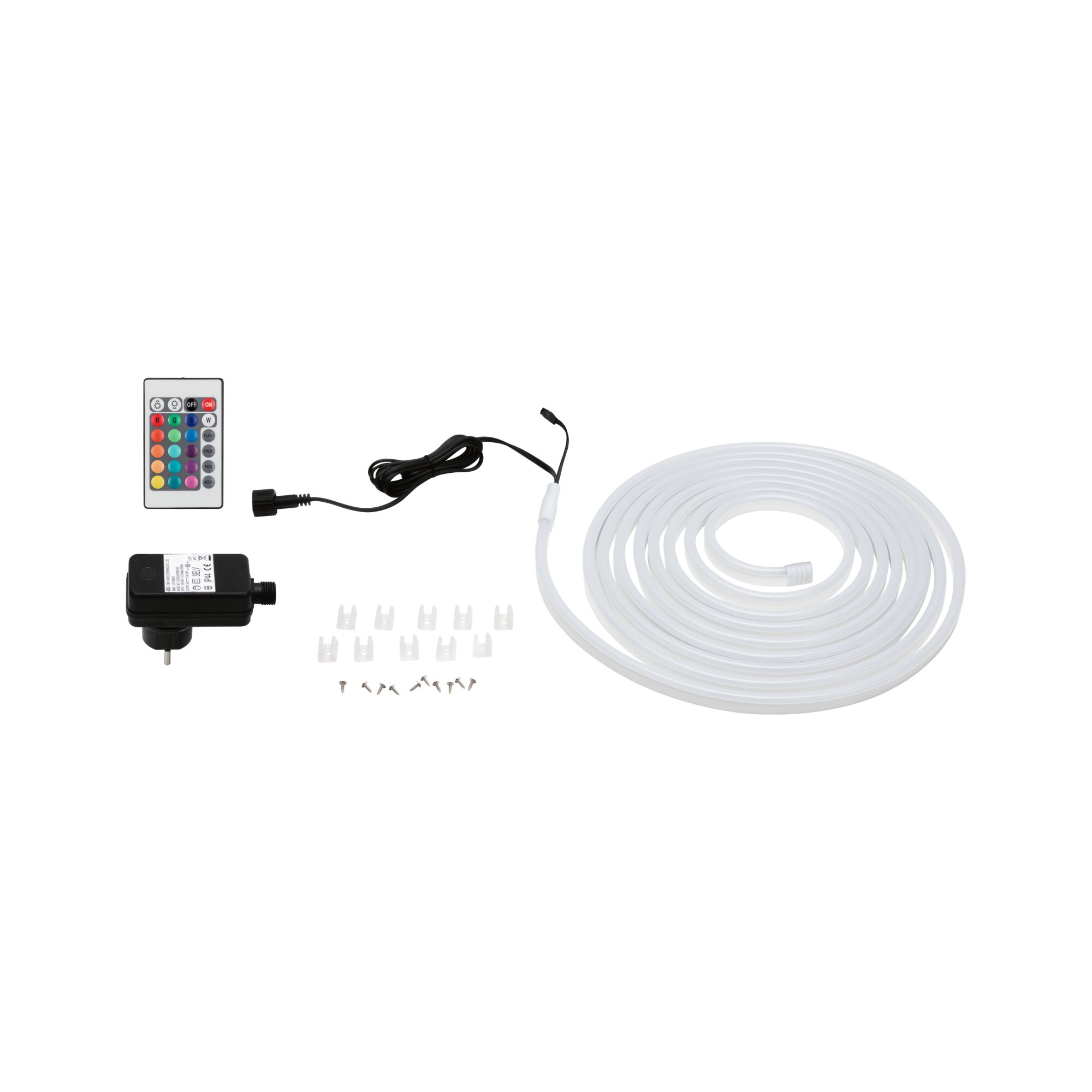 Bande lumineuse LED néon blanche avec télécommande, alimentation et clips de fixation pour éclairage flexible