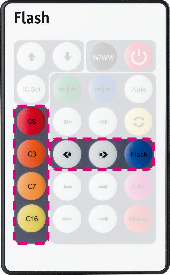 Remote control with colored buttons for light control and blue flash function button