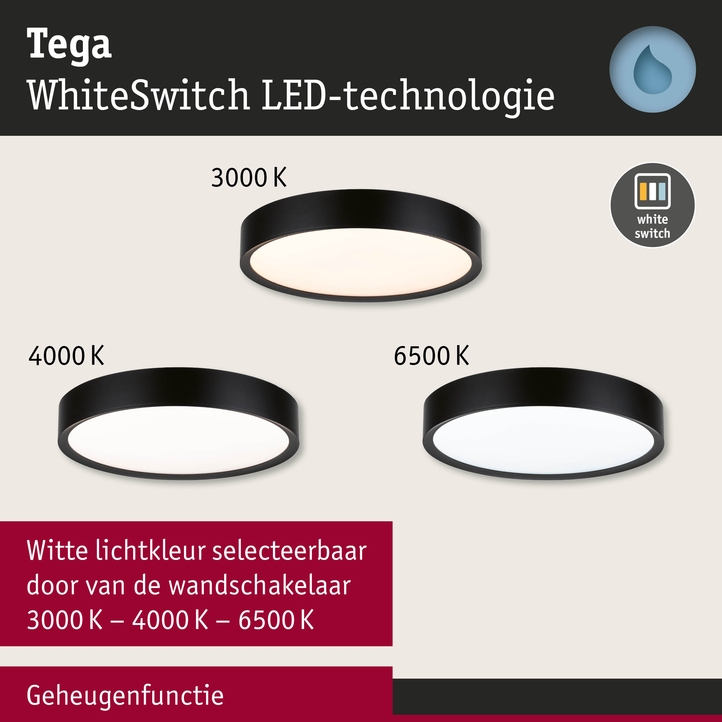 Ronde zwarte LED-plafondlamp met WhiteSwitch-technologie en instelbare lichtkleur 3000K-6500K