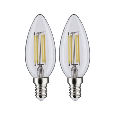 Deux ampoules LED claires en forme de bougie avec filaments jaunes visibles et culot E14 décoratif