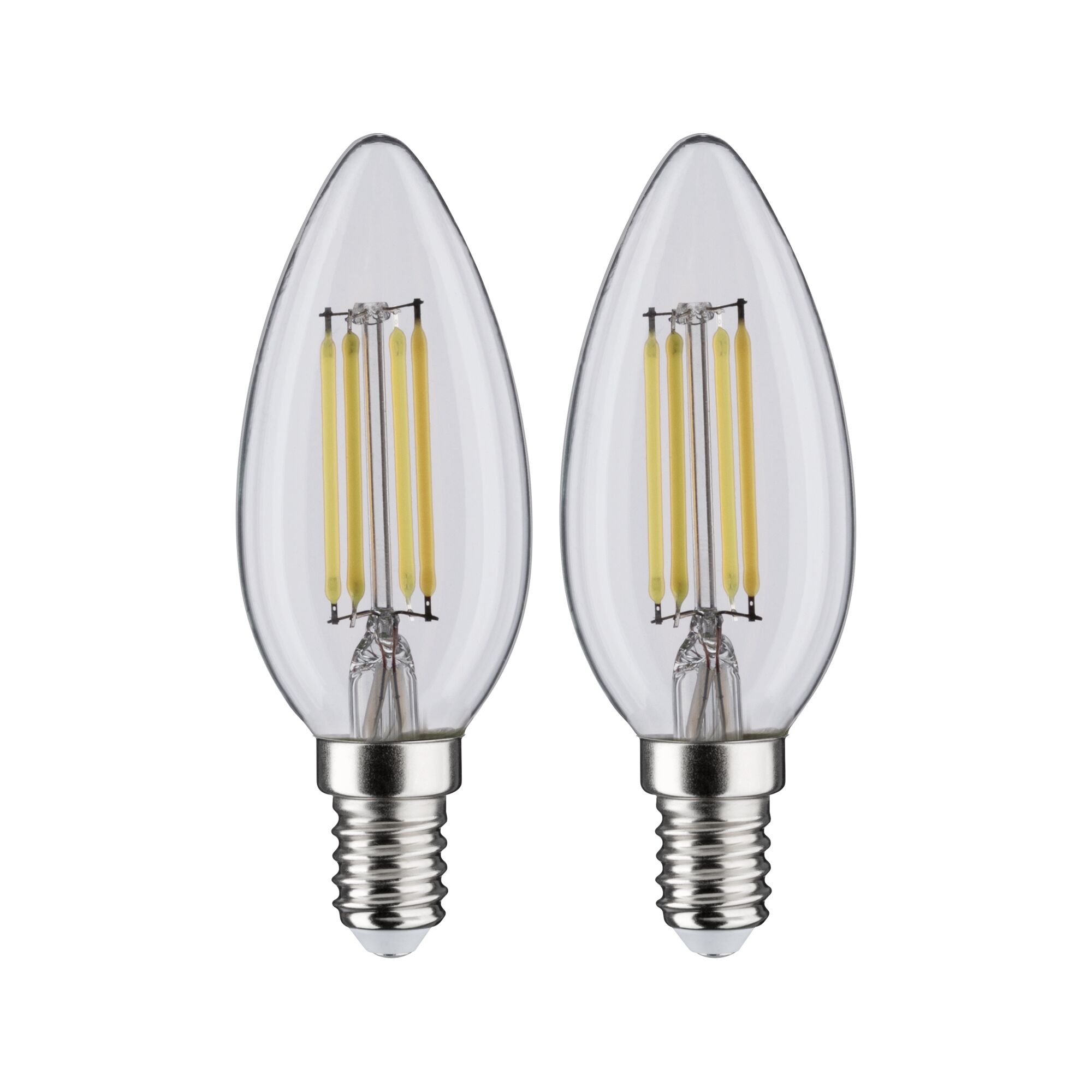 Deux ampoules LED claires en forme de bougie avec filaments jaunes visibles et culot E14 décoratif