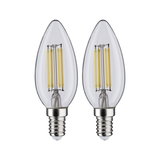 Zwei klare LED-Kerzenlampen mit sichtbaren gelben Filamenten und E14-Fassung für dekorative Beleuchtung