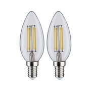 Deux ampoules LED claires en forme de bougie avec filaments jaunes visibles et culot E14 décoratif