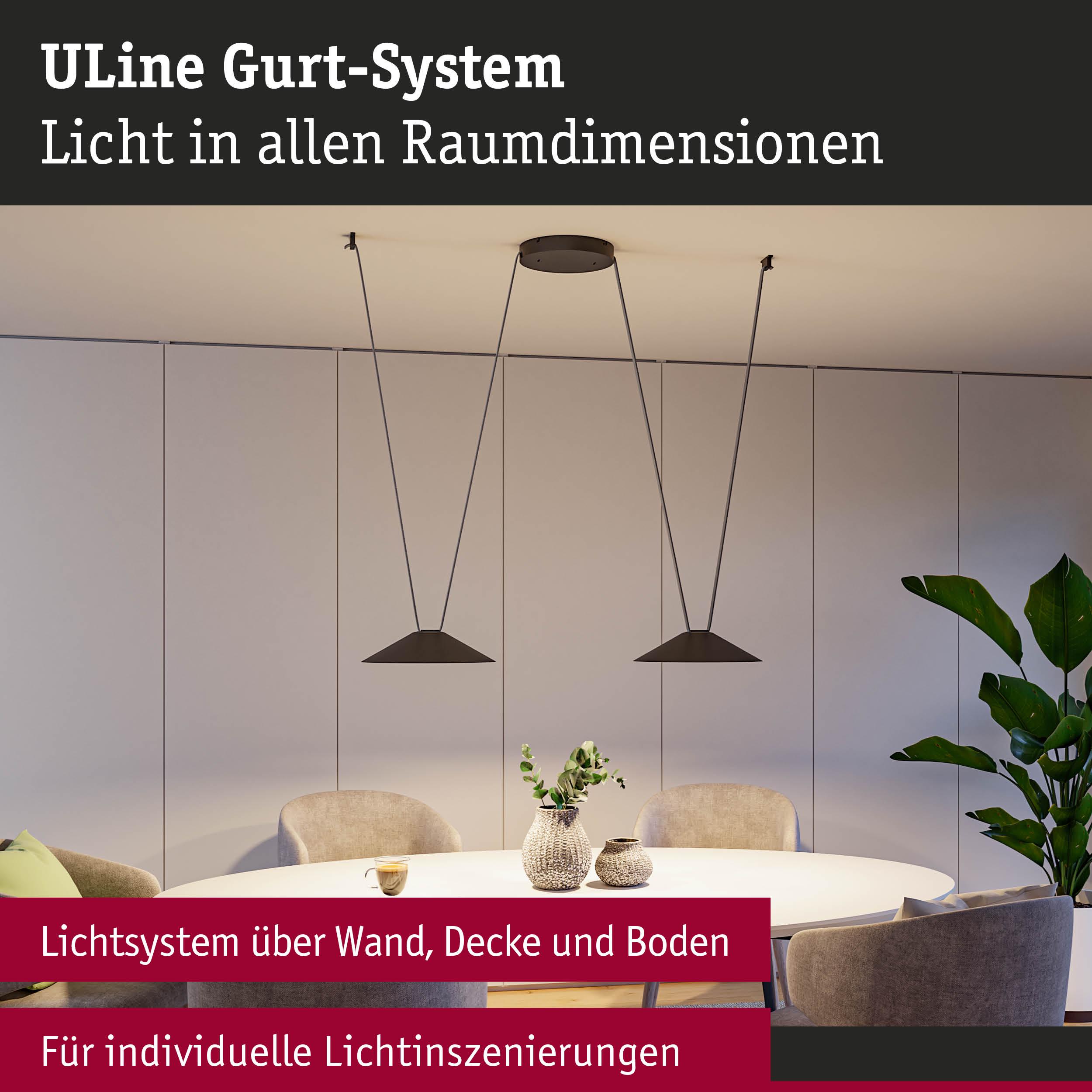 Modernes ULine Gurt-System mit schwarzen Hängeleuchten über rundem weißen Tisch im Esszimmer