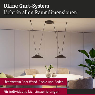 Modernes ULine Gurt-System mit schwarzen Hängeleuchten über rundem weißen Tisch im Esszimmer