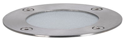 Round stainless steel recessed light housing with frosted glass cover and four screws for outdoor lighting
