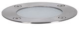 Round stainless steel recessed light housing with frosted glass cover and four screws for outdoor lighting