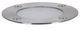 Round stainless steel recessed light housing with frosted glass cover and four screws for outdoor lighting