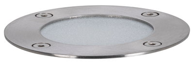 Round stainless steel recessed light housing with frosted glass cover and four screws for outdoor lighting