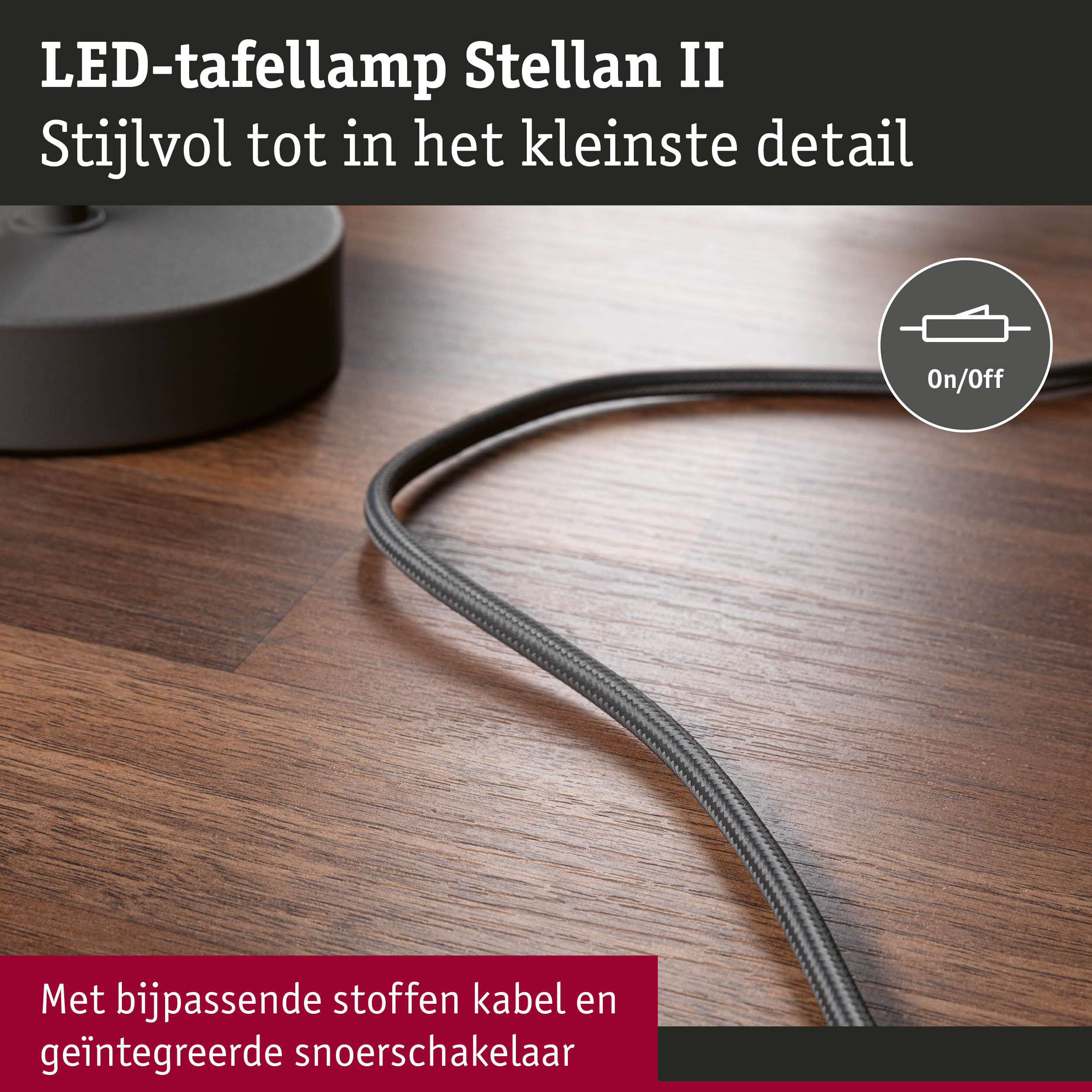 LED-tafellamp Stellan II met grijze stoffen kabel en geïntegreerde snoerschakelaar op houten oppervlak