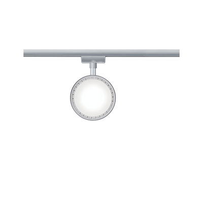 Round aluminum-colored LED track spotlight with white light for modern indoor lighting