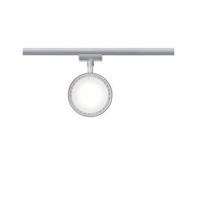 Round aluminum-colored LED track spotlight with white light for modern indoor lighting