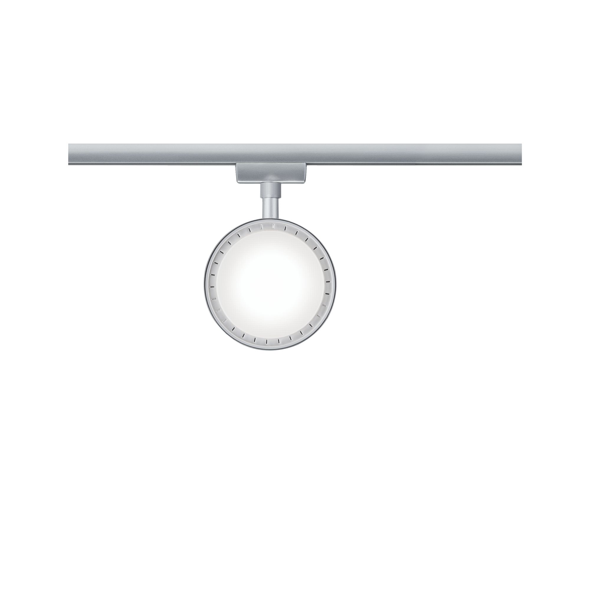 Runder LED-Schienenstrahler in Aluminiumfarben mit weißem Licht für moderne Innenbeleuchtung