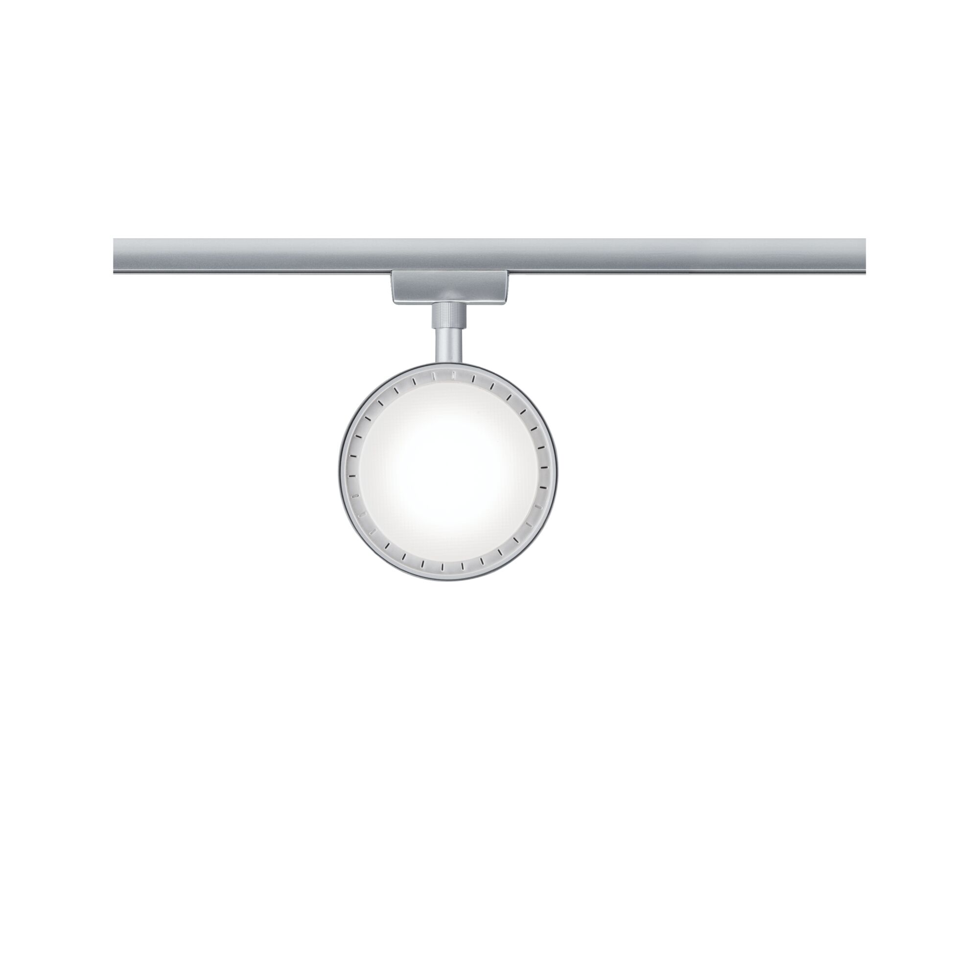 Runder LED-Schienenstrahler in Aluminiumfarben mit weißem Licht für moderne Innenbeleuchtung