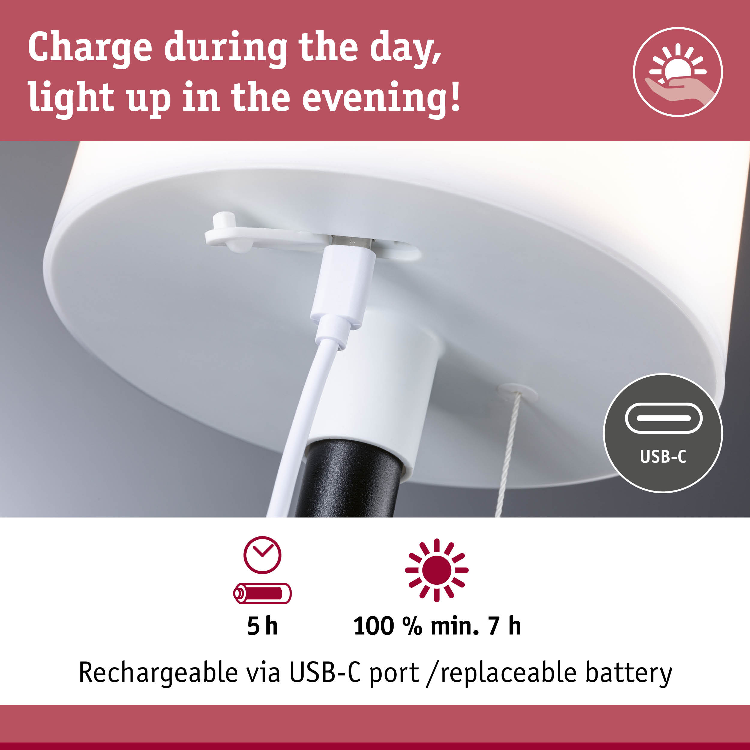 Close-up of white USB-C charging port on rechargeable device with 5-hour battery life