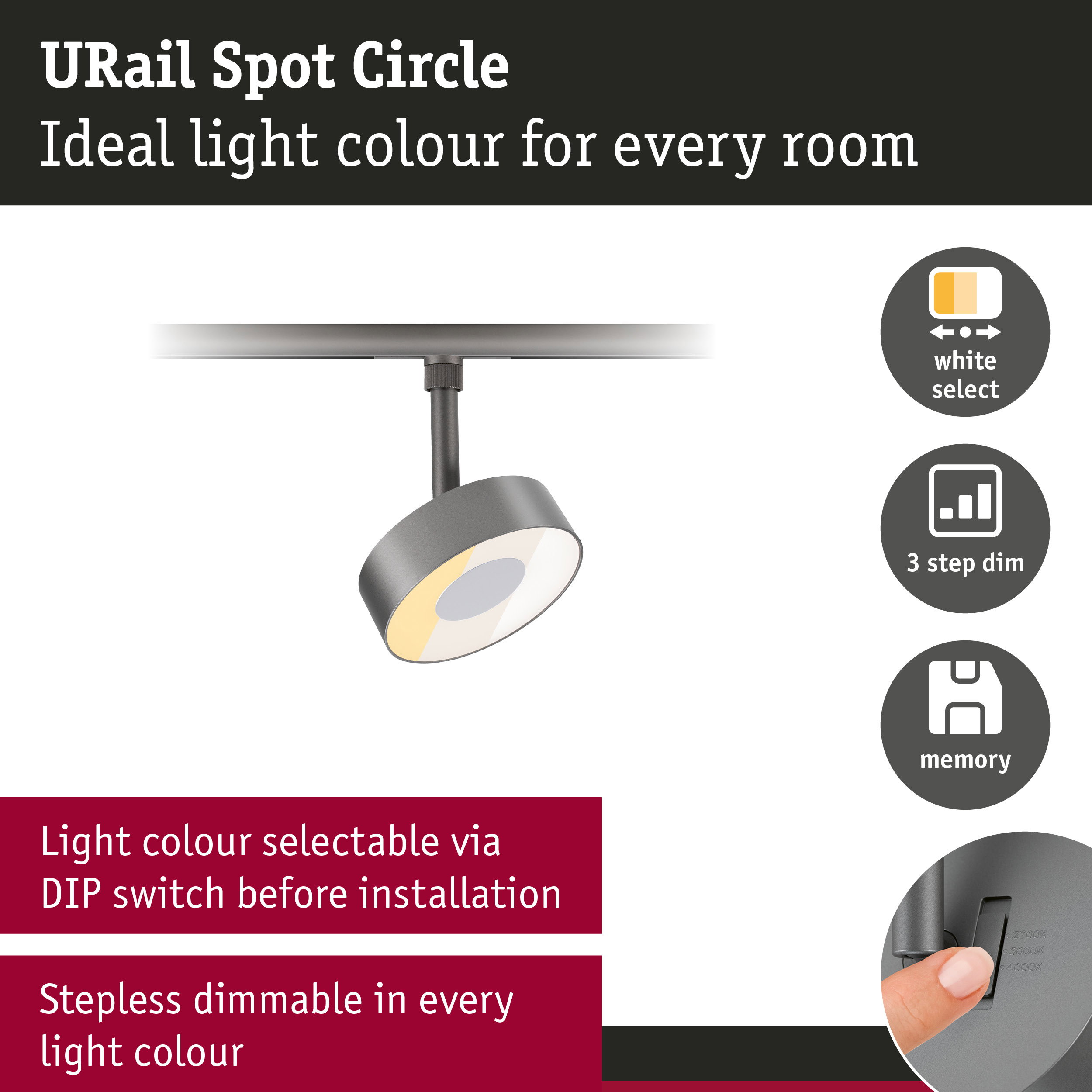 URail Rail spot 3-Step-Dim Circle 220lm 3W White Select dimmable 230V Titanium