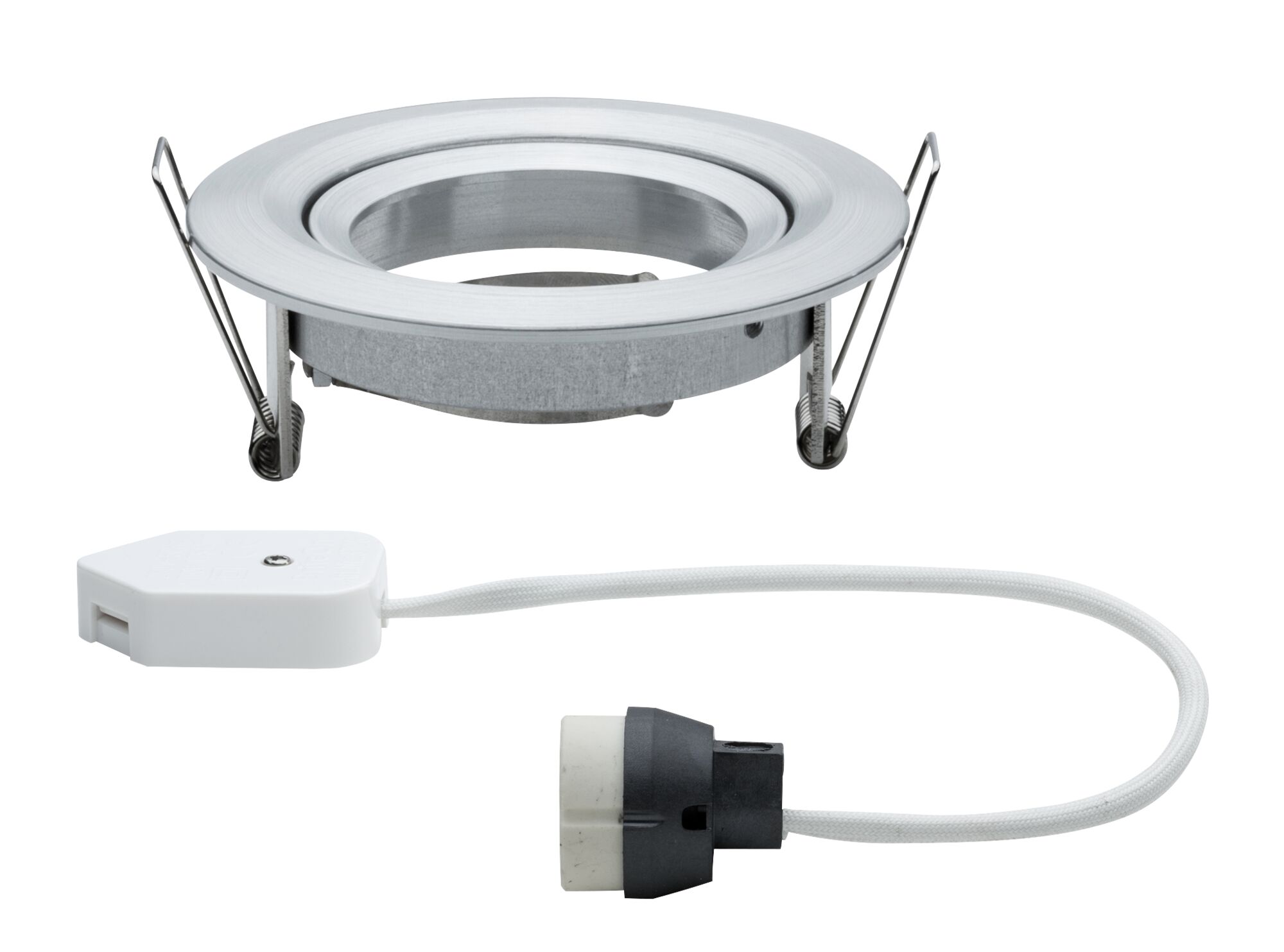 Runder Einbaustrahler aus gebürstetem Aluminium mit weißem Kabel und Fassung für LED-Lampe