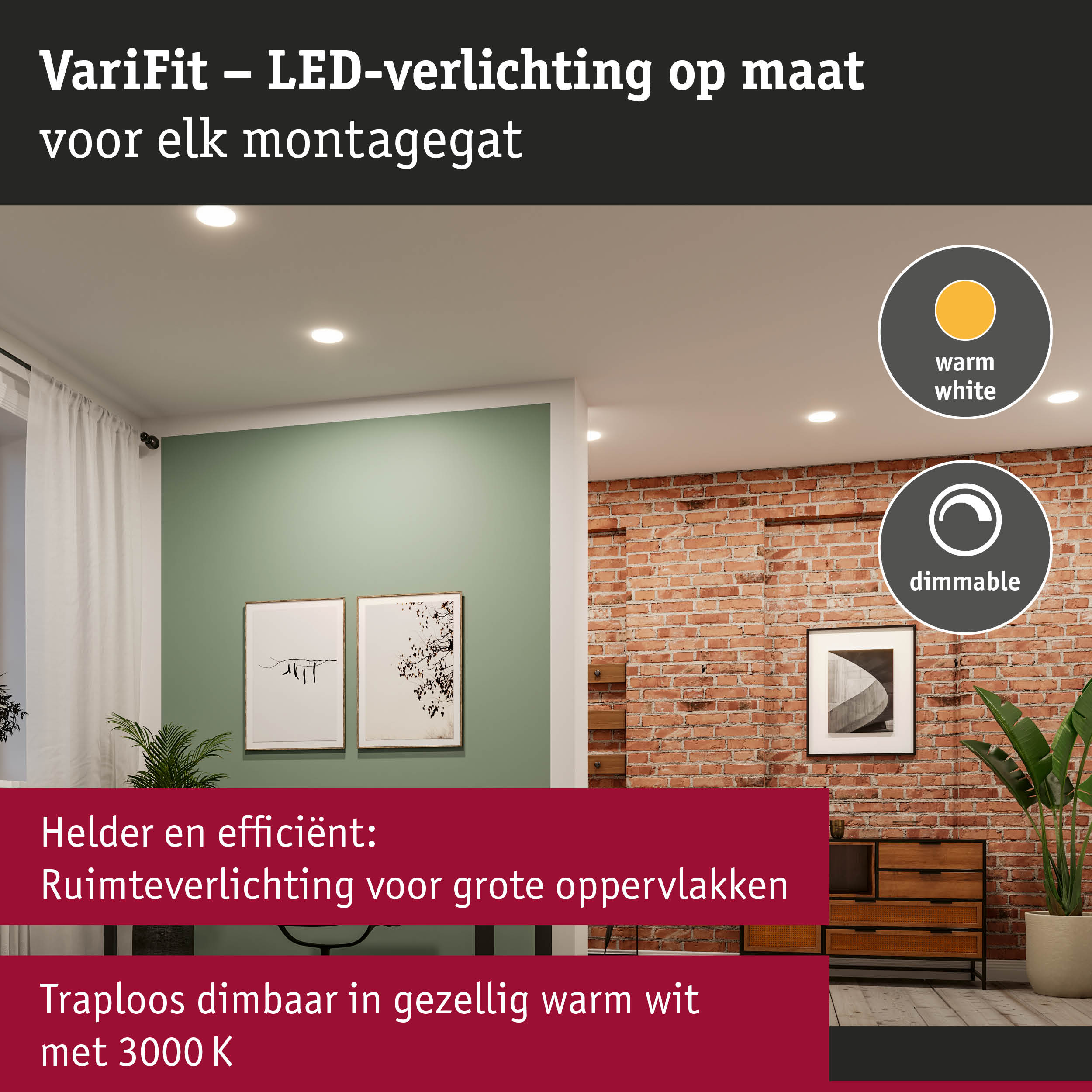 VariFit dimbare LED-inbouwspots in warm wit 3000K voor grote ruimtes en sfeerverlichting
