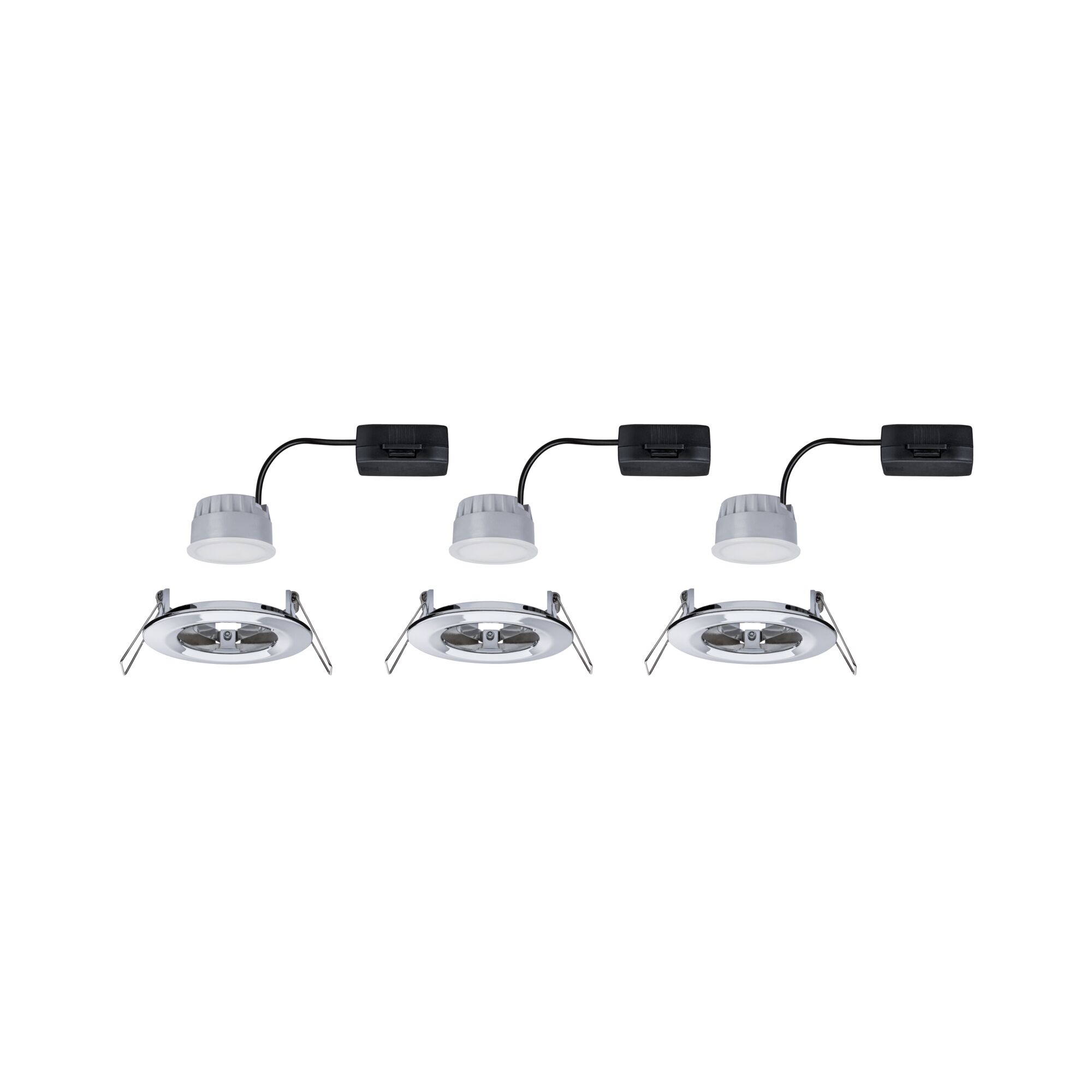 Three white LED recessed spotlights with black connector cable and metal mounting brackets for ceilings