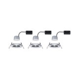 Three white LED recessed spotlights with black connector cable and metal mounting brackets for ceilings