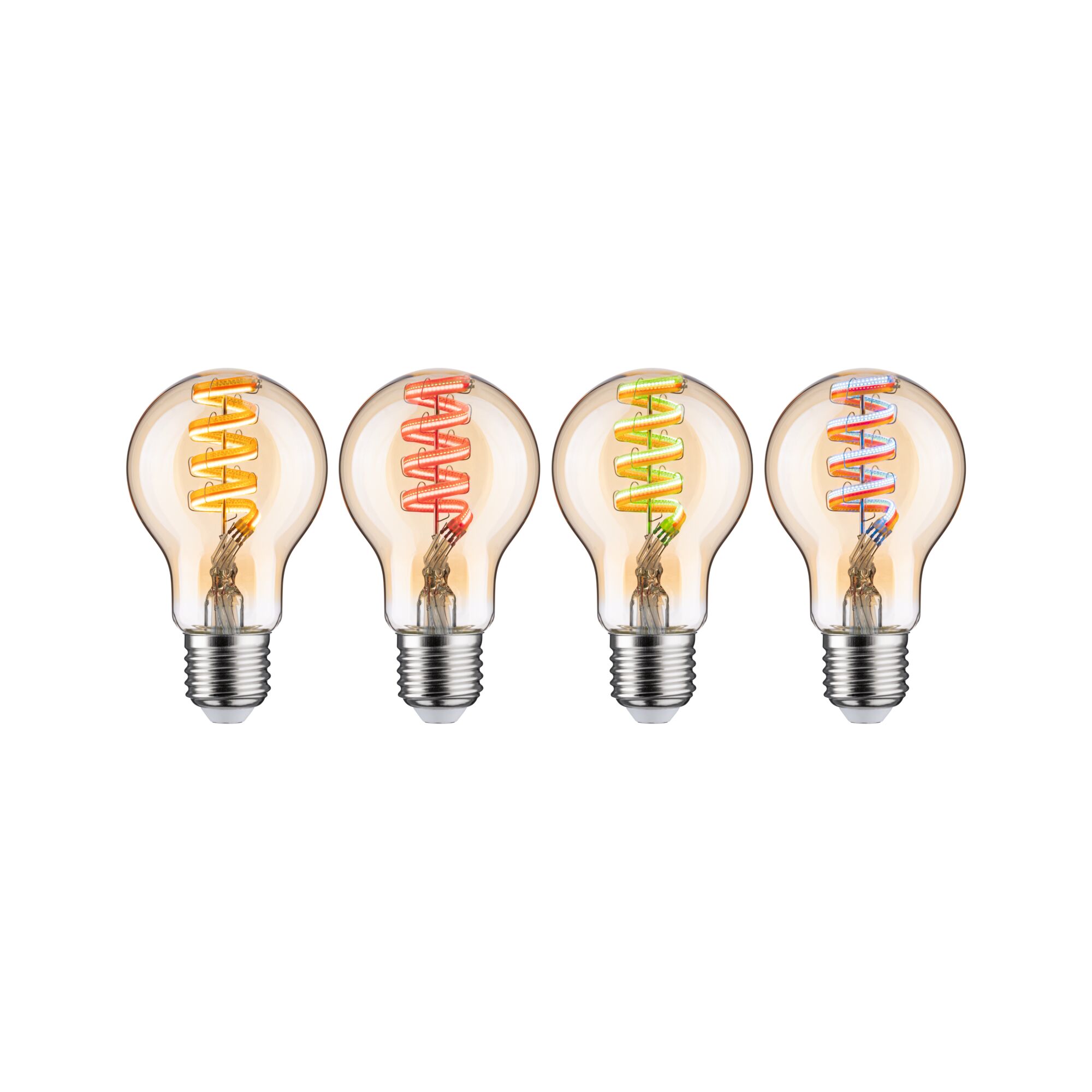 Vier decoratieve LED-lampen met gekleurde spiraalfilamenten in geel, rood, groen en blauw voor sfeerverlichting
