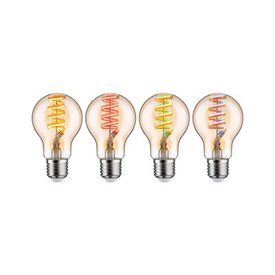 Vier decoratieve LED-lampen met gekleurde spiraalfilamenten in geel, rood, groen en blauw voor sfeerverlichting
