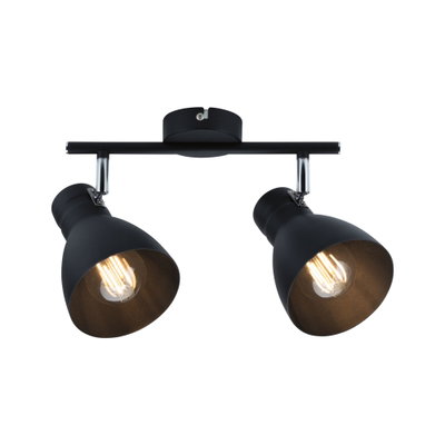 Black metal ceiling light with two adjustable spots and warm white LED bulbs for living spaces