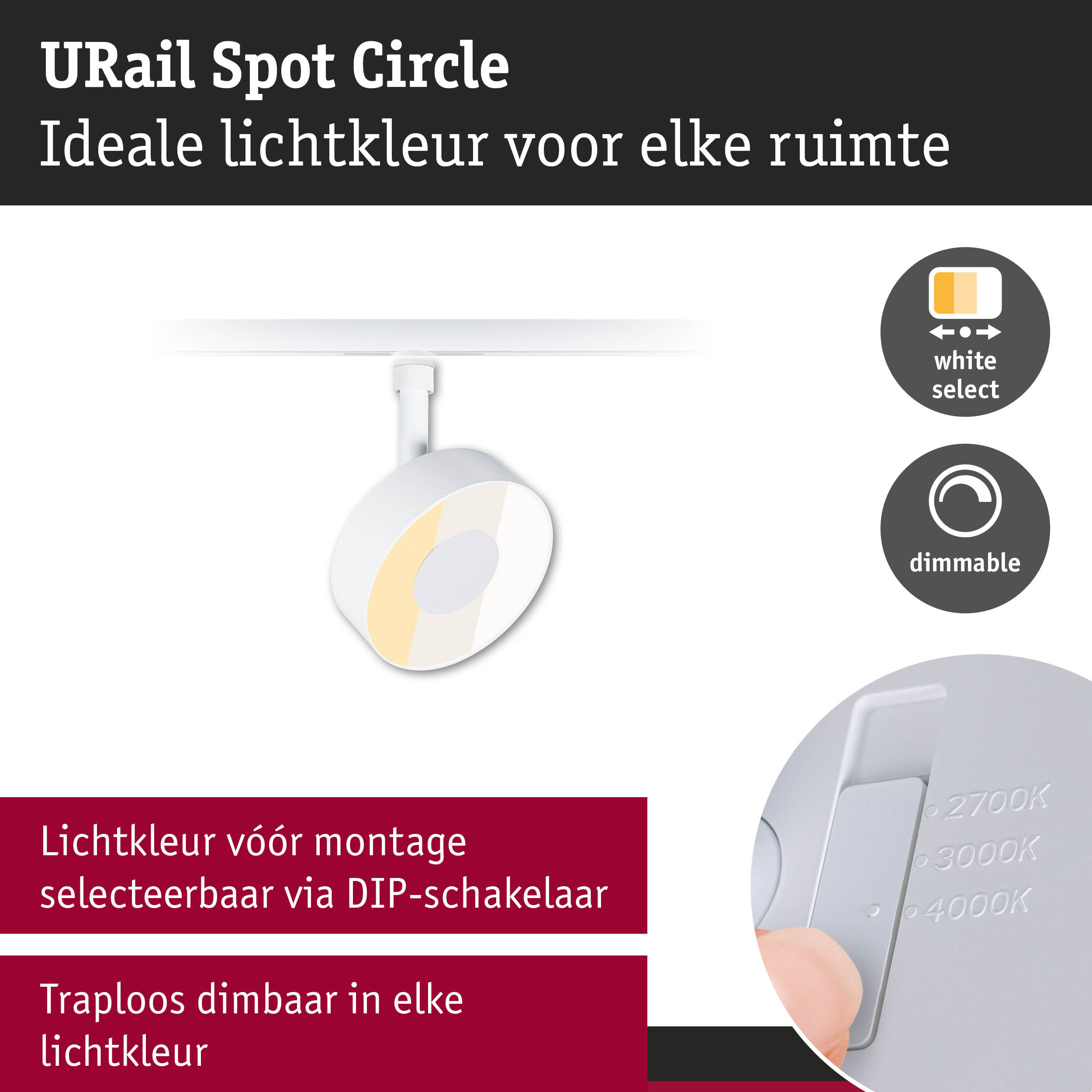 Witte URail Spot Circle spot met instelbare lichtkleur en dimbare functie voor flexibele verlichting