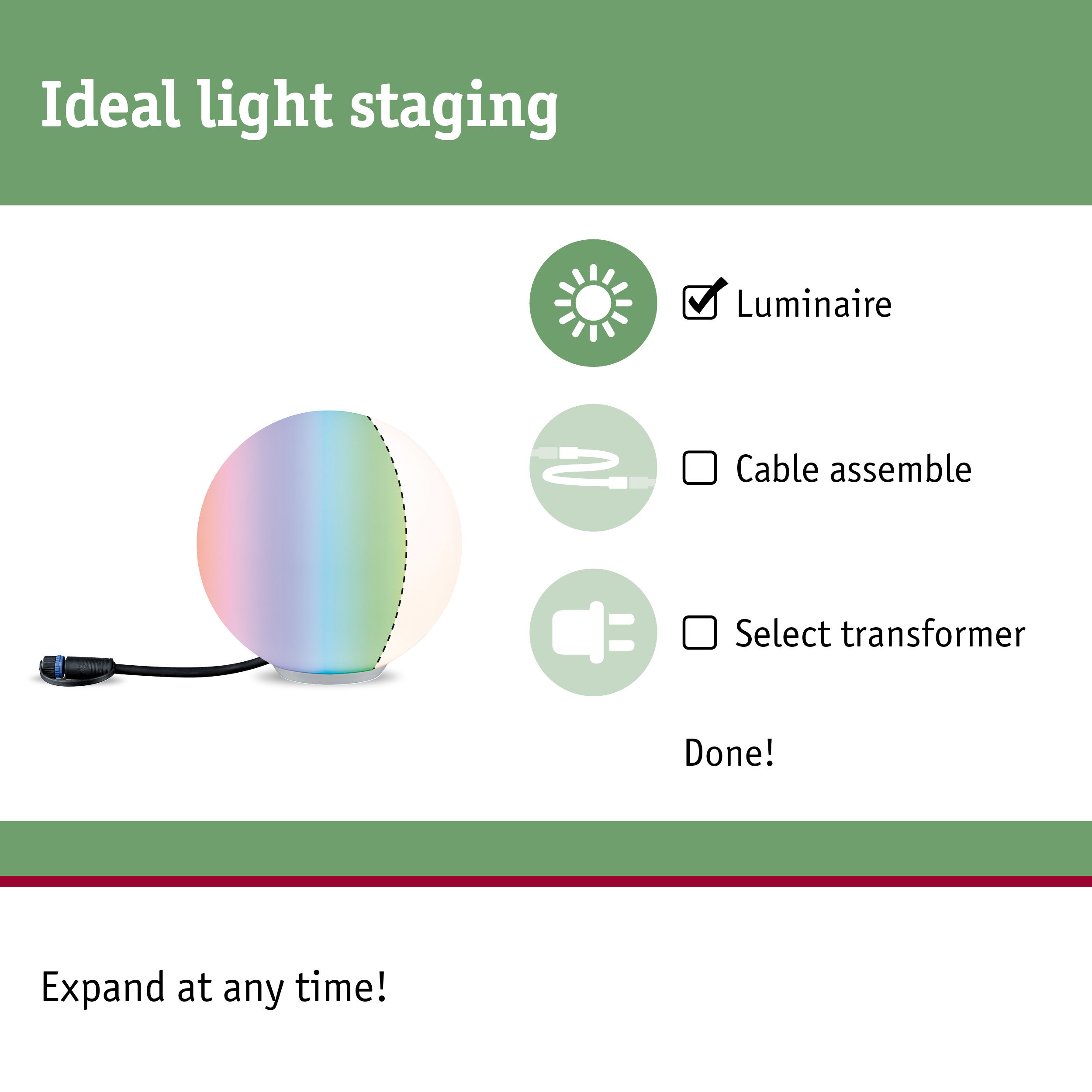 Colourful LED luminaire with cable for light control and decorative lighting effects