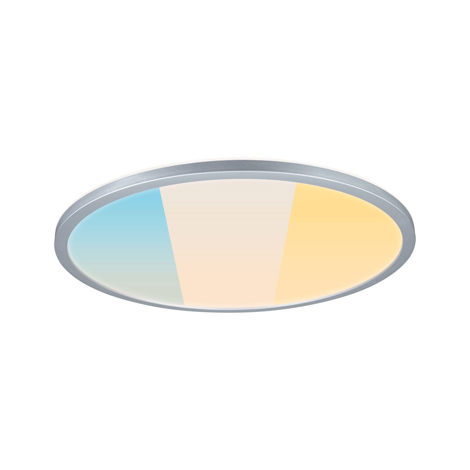 LED Panel Atria Shine White Select IP44 round 398mm 20,8W 2800lm White Select Chrome matt Round LED ceiling light with silver frame and adjustable color temperature in blue, white, and yellow.