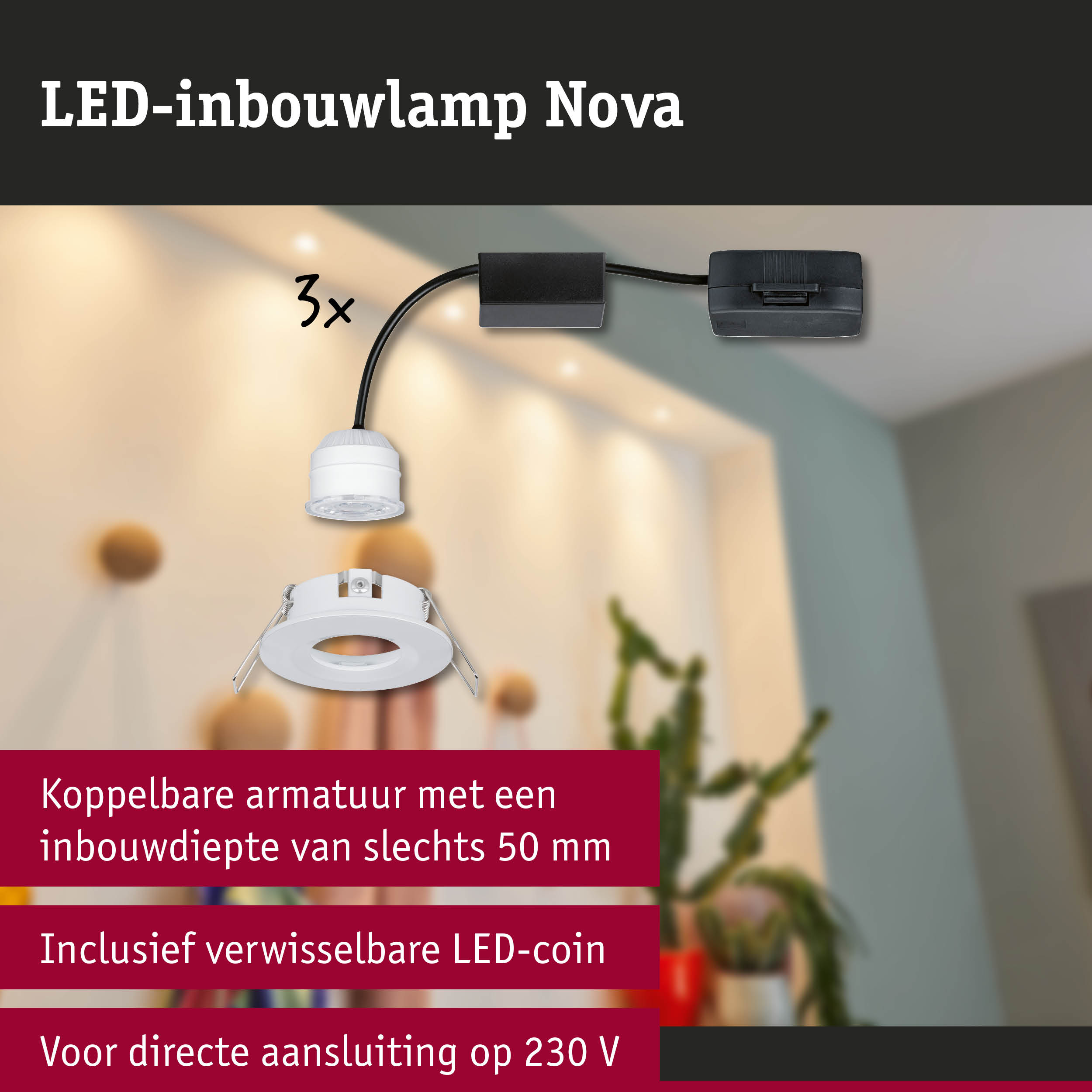 Witte LED-inbouwlamp Nova met 50 mm inbouwdiepte en verwisselbare LED-coin voor 230 V aansluiting