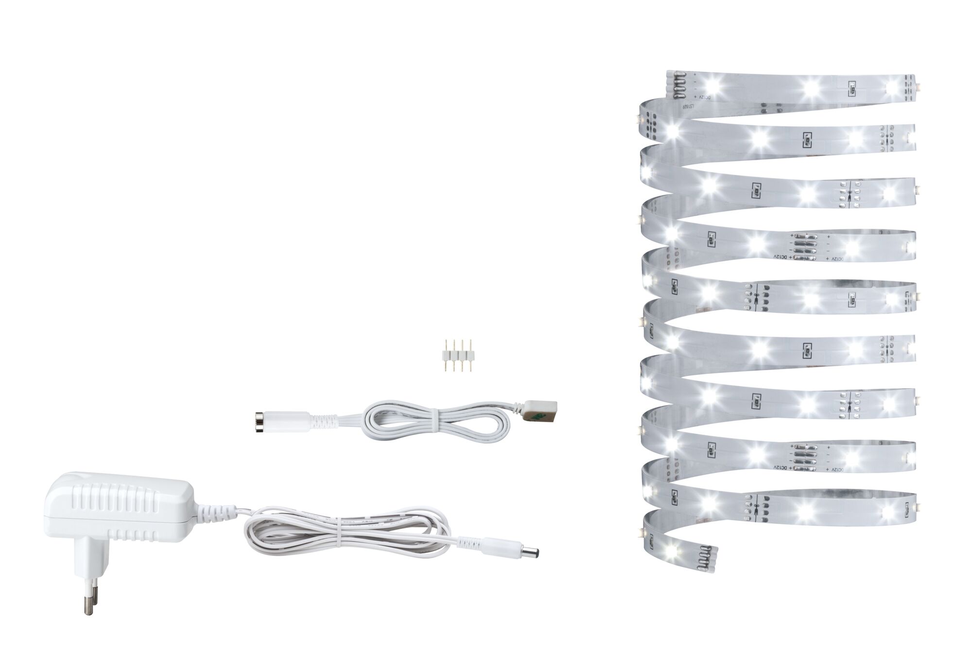 Bande LED blanche avec adaptateur secteur et câble de connexion pour éclairage flexible.