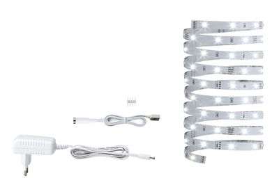 Bande LED blanche avec adaptateur secteur et câble de connexion pour éclairage flexible.