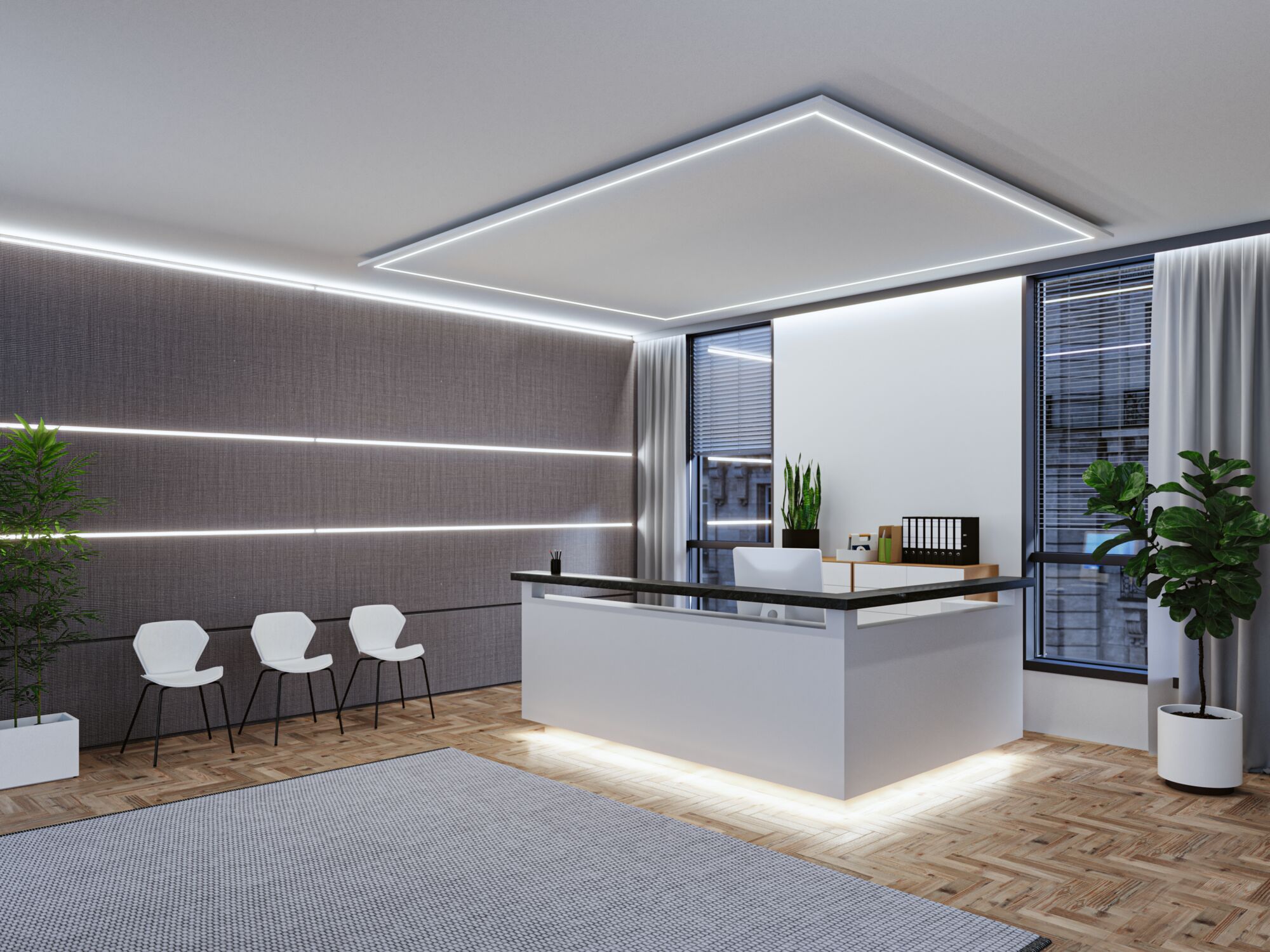 Bureau moderne avec comptoir d'accueil blanc et bandes LED au mur et plafond pour un éclairage lumineux